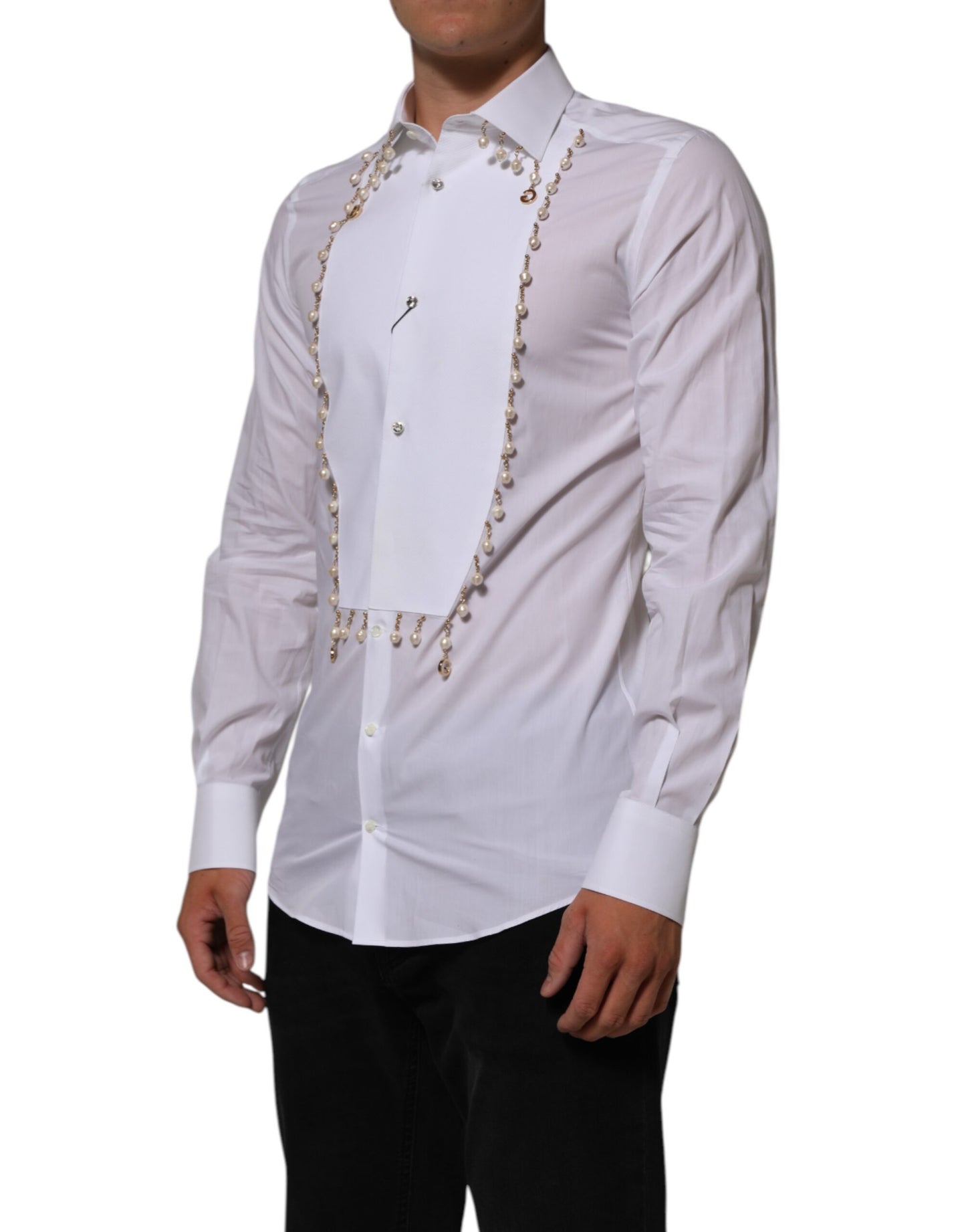 Dolce & Gabbana White Cotton DG Logo Pearl Gold Formal Shirt