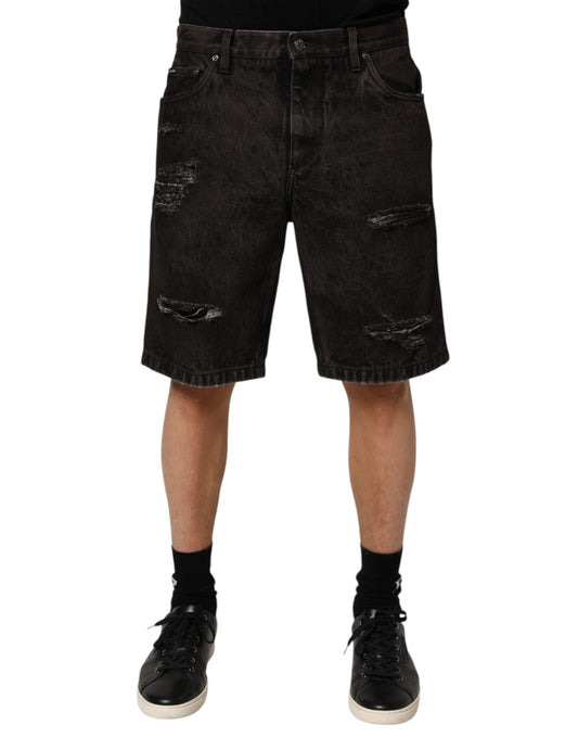 Dolce & Gabbana Black Cotton Tattered Denim Bermuda Shorts