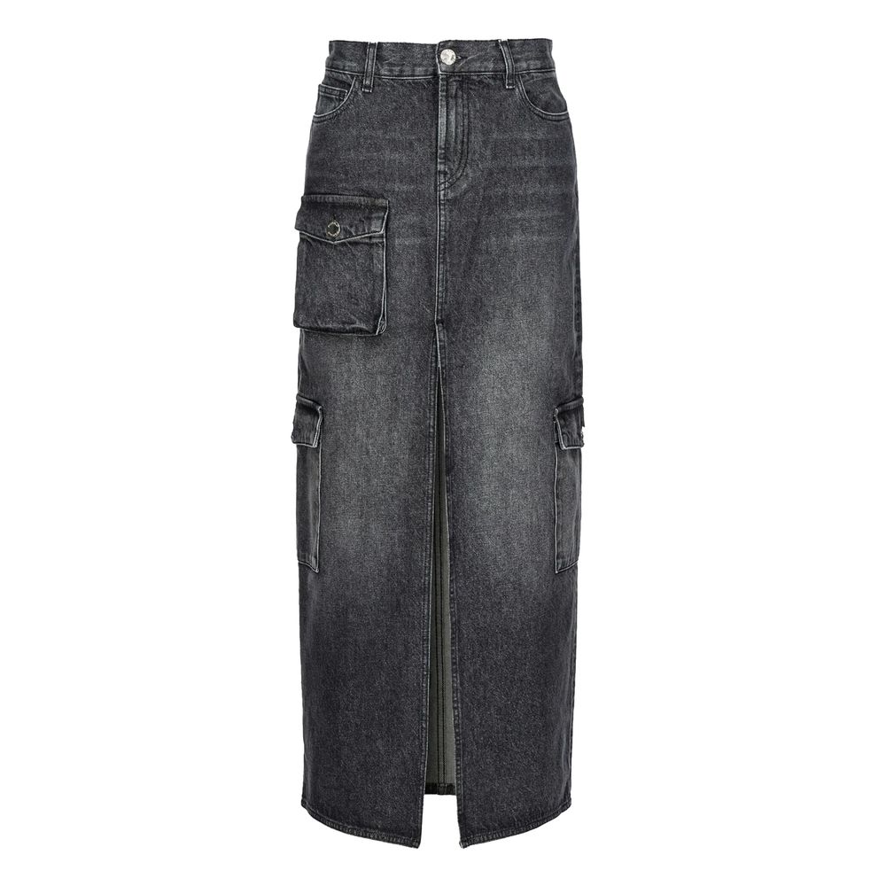 PINKO Black Cotton Maxi Front Slit Denim Skirt