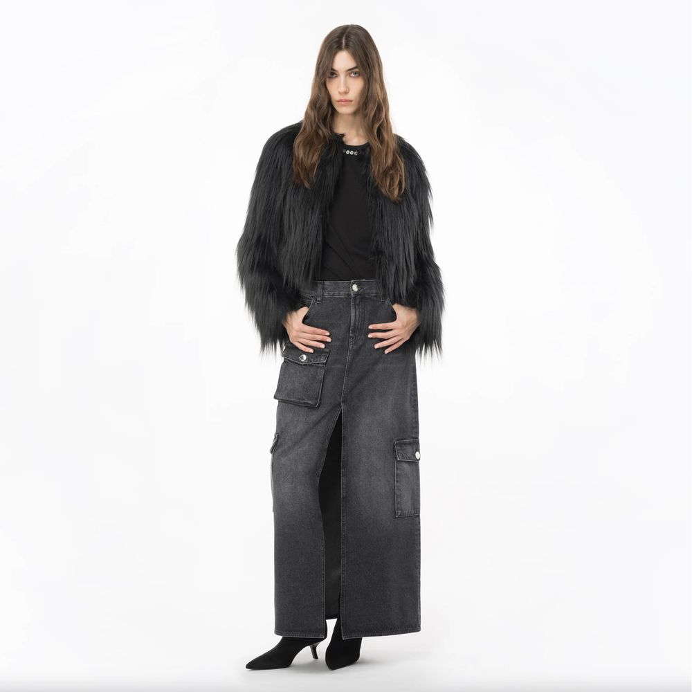 PINKO Black Cotton Maxi Front Slit Denim Skirt