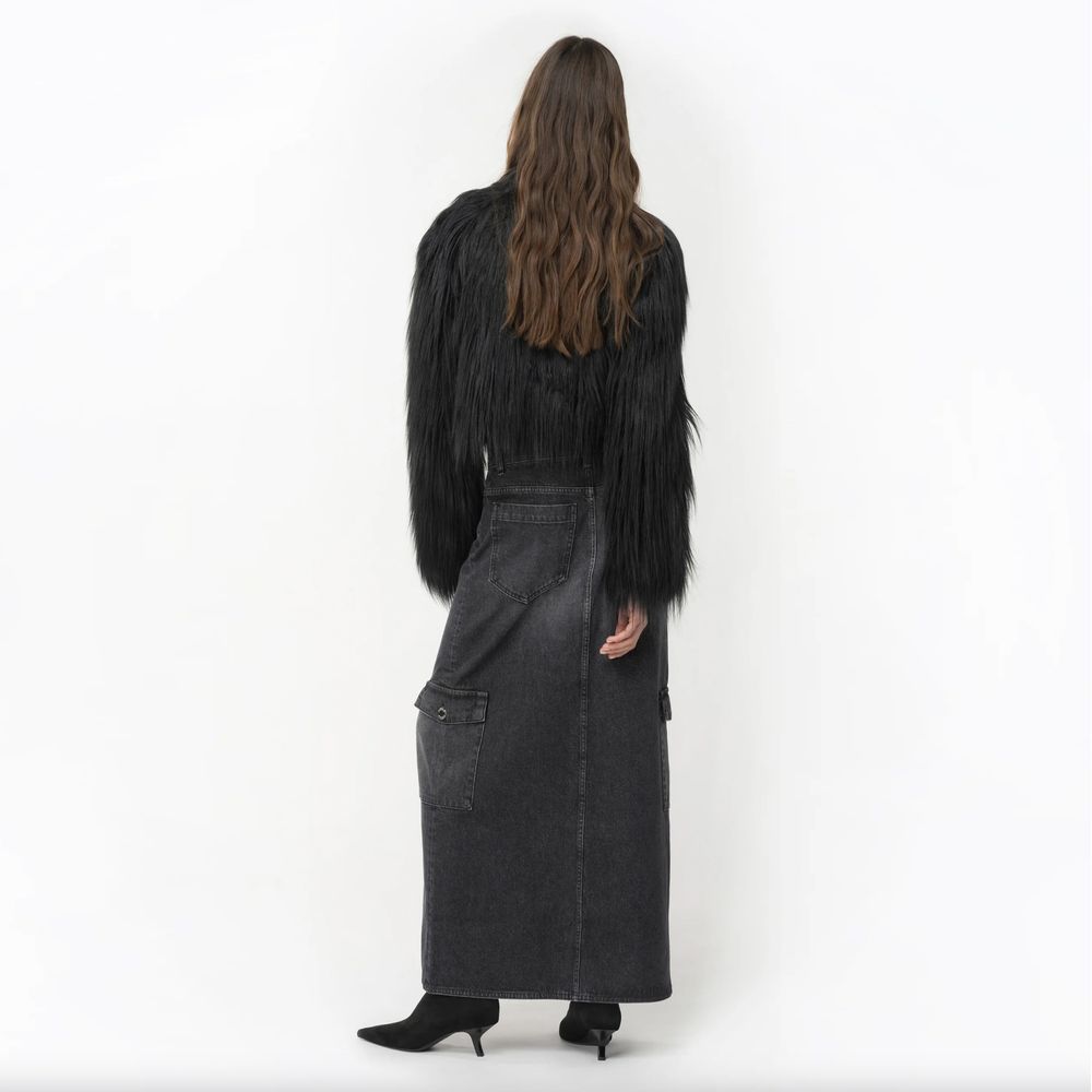 PINKO Black Cotton Maxi Front Slit Denim Skirt