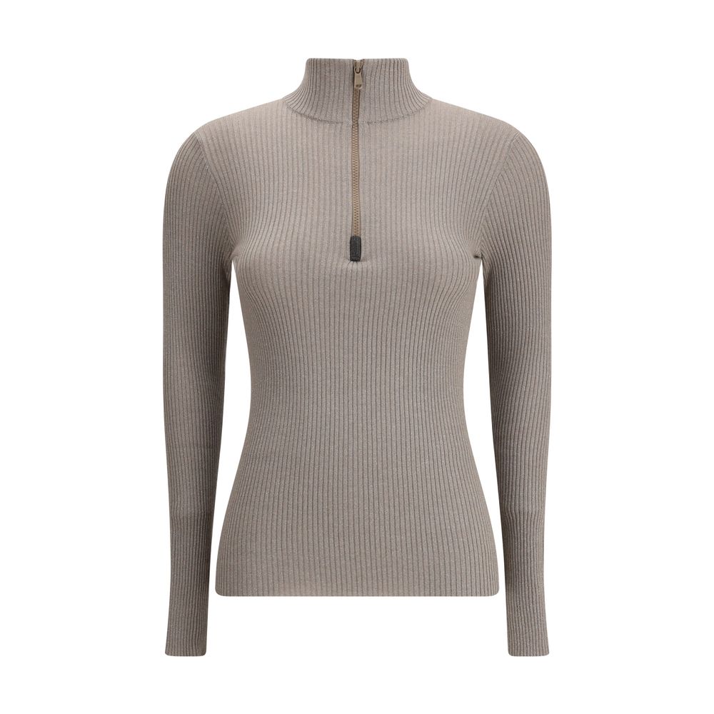 Brunello Cucinelli Brown Half Zip High Neck Top for Women