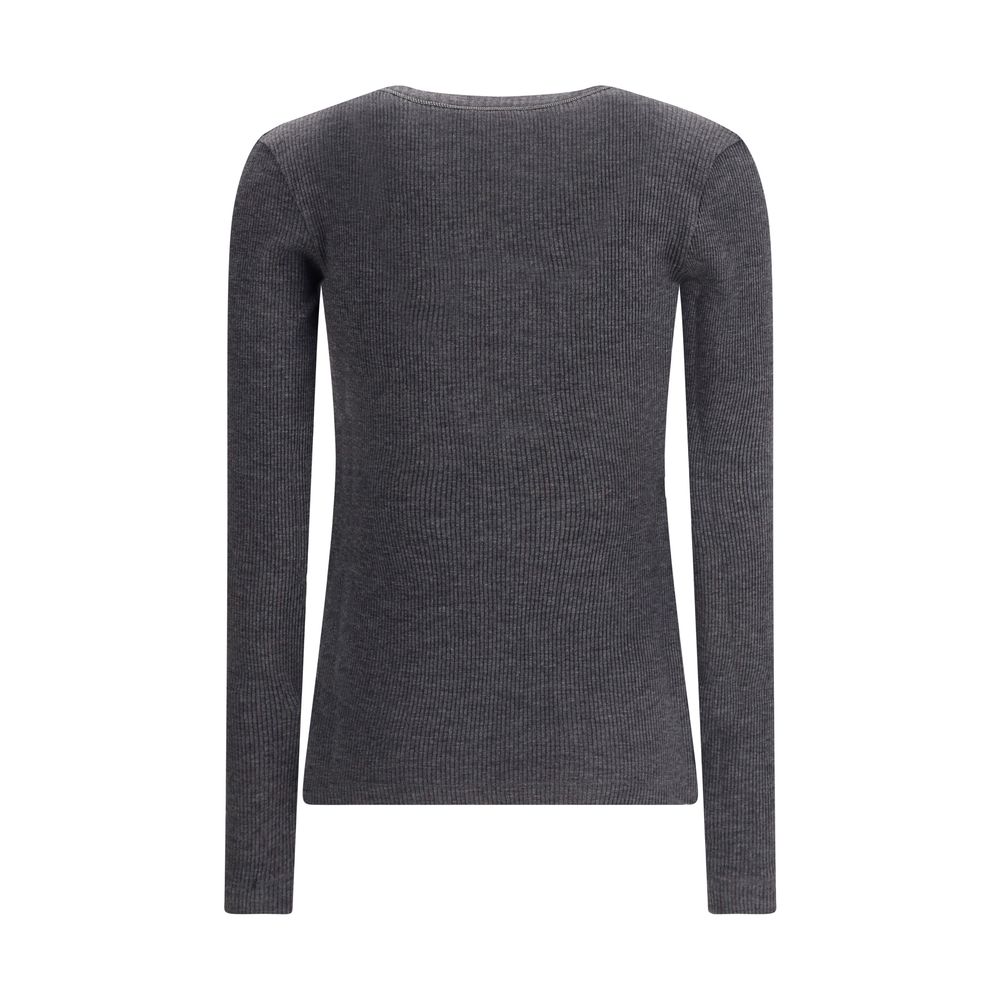 Brunello Cucinelli Long Sleeve Wool Ribbed Jersey T-Shirt with Shiny Trim