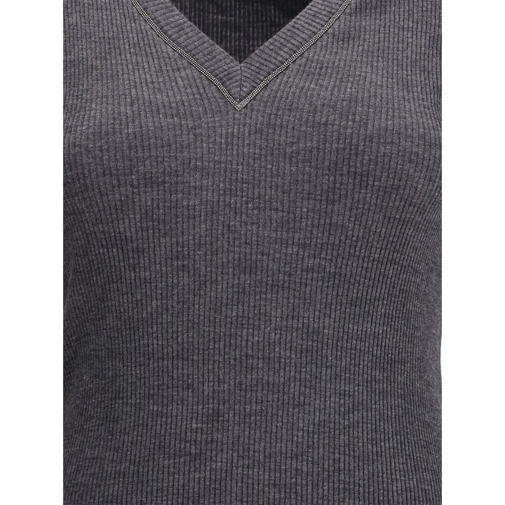 Brunello Cucinelli Long Sleeve Wool Ribbed Jersey T-Shirt with Shiny Trim