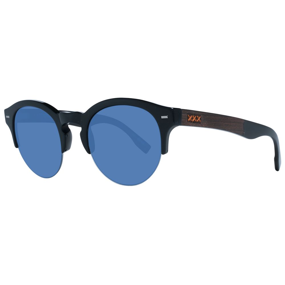 Ermenegildo Zegna Men’s Sunglasses – Black Round Frame, Blue Lenses
