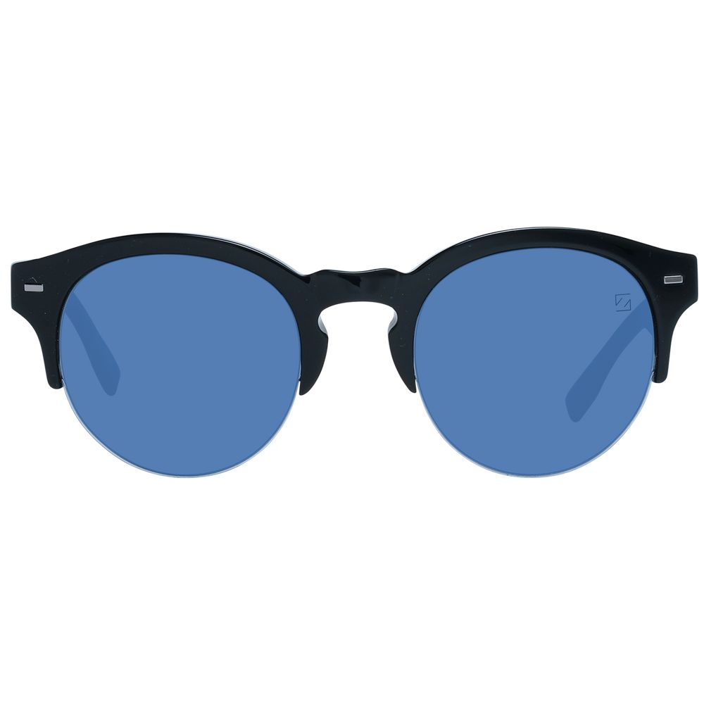 Ermenegildo Zegna Men’s Sunglasses – Black Round Frame, Blue Lenses