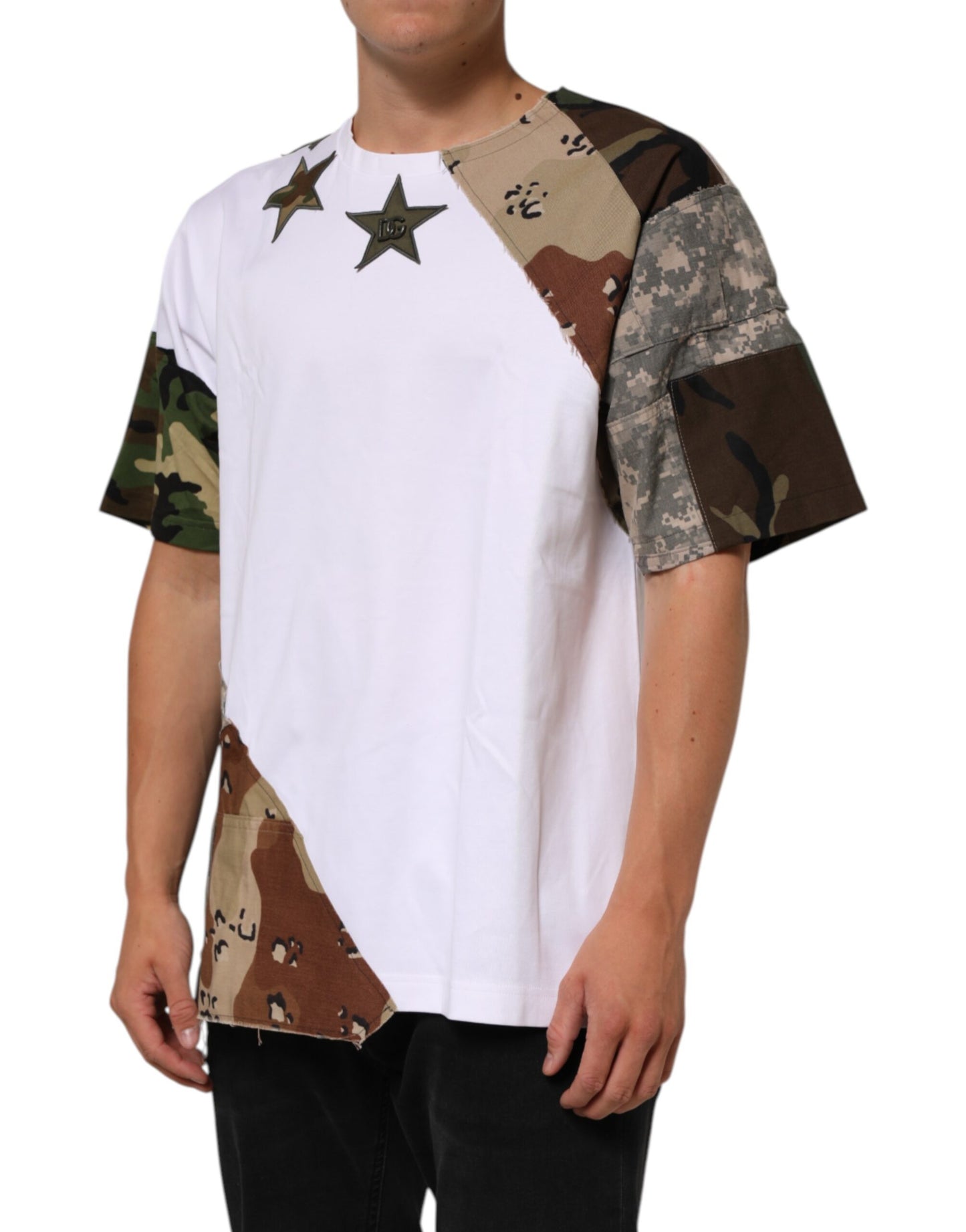 Dolce & Gabbana White Camouflage Patchwork Men Cotton T-shirt