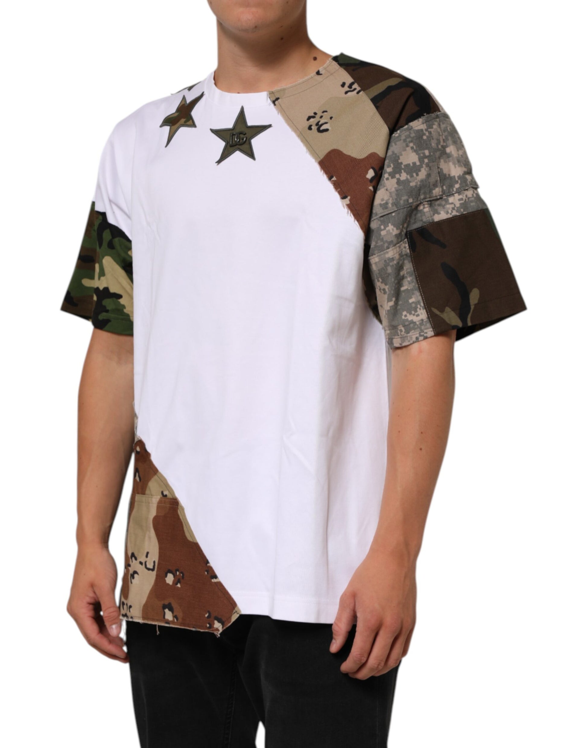Dolce & Gabbana White Camouflage Patchwork Men Cotton T-shirt