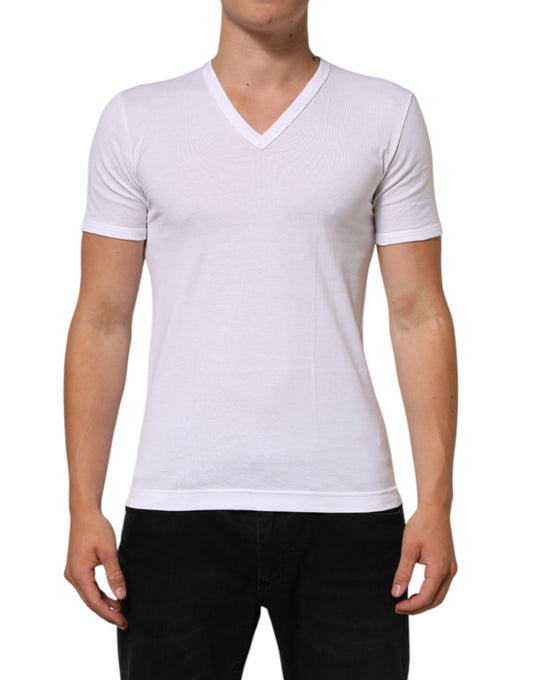 Dolce & Gabbana White Cotton V-Neck Short Sleeves T-Shirt