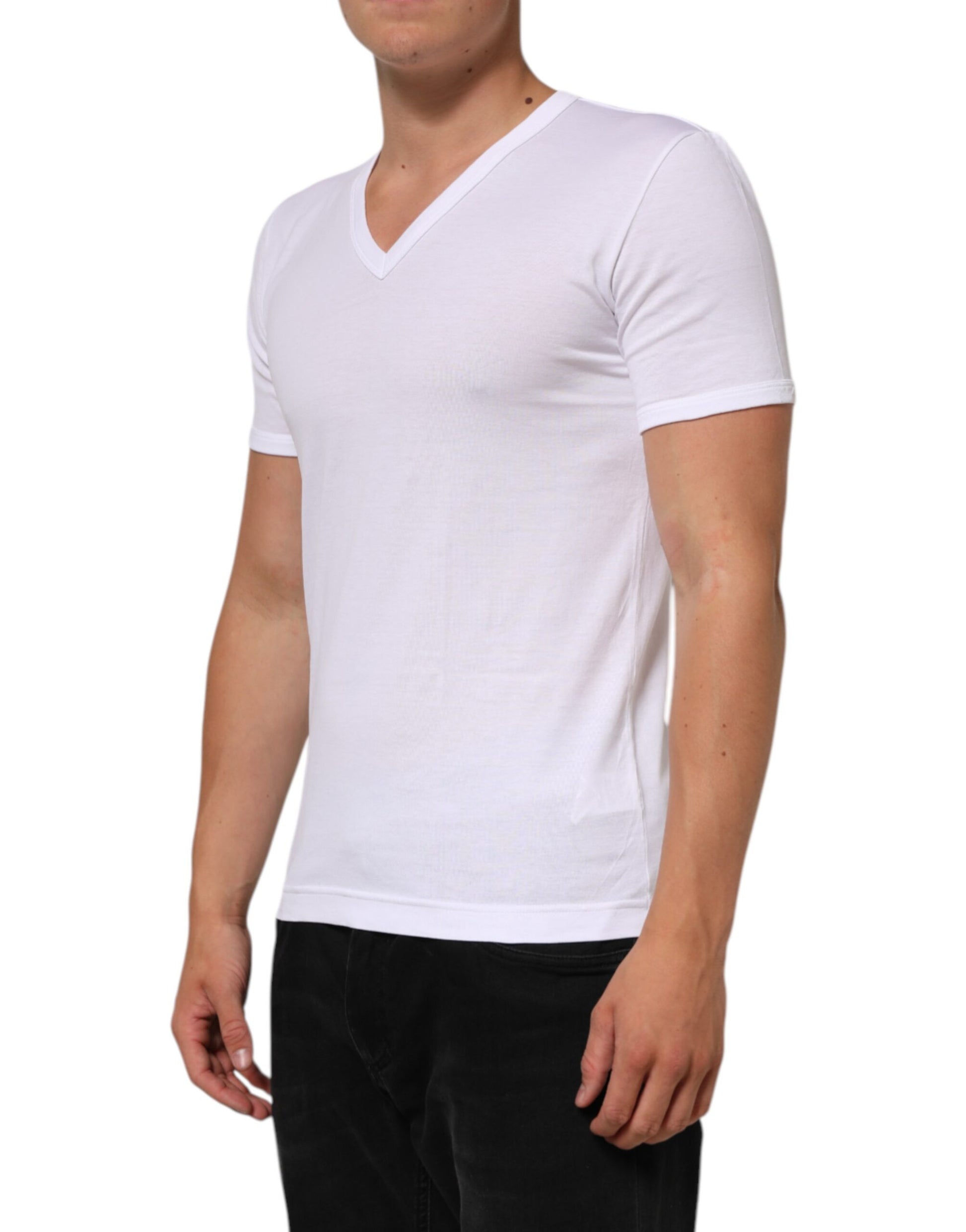 Dolce & Gabbana White Cotton V-Neck Short Sleeves T-Shirt