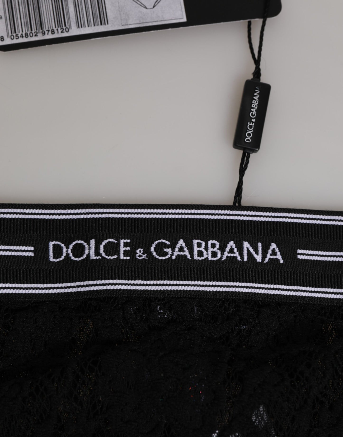 Dolce & Gabbana Black Lace Slip Briefs with Logo Waistband