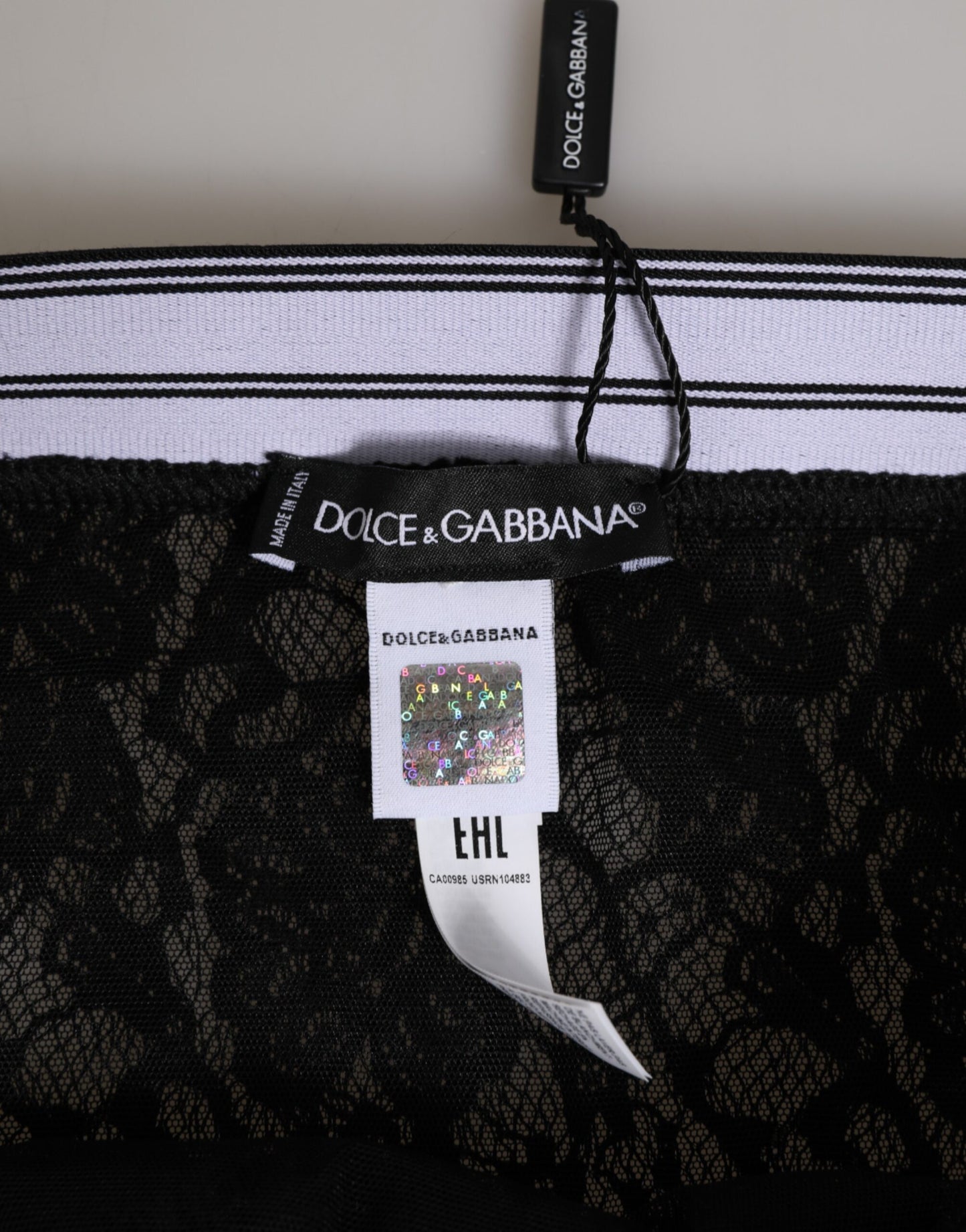 Dolce & Gabbana Black Lace Slip Briefs with Logo Waistband