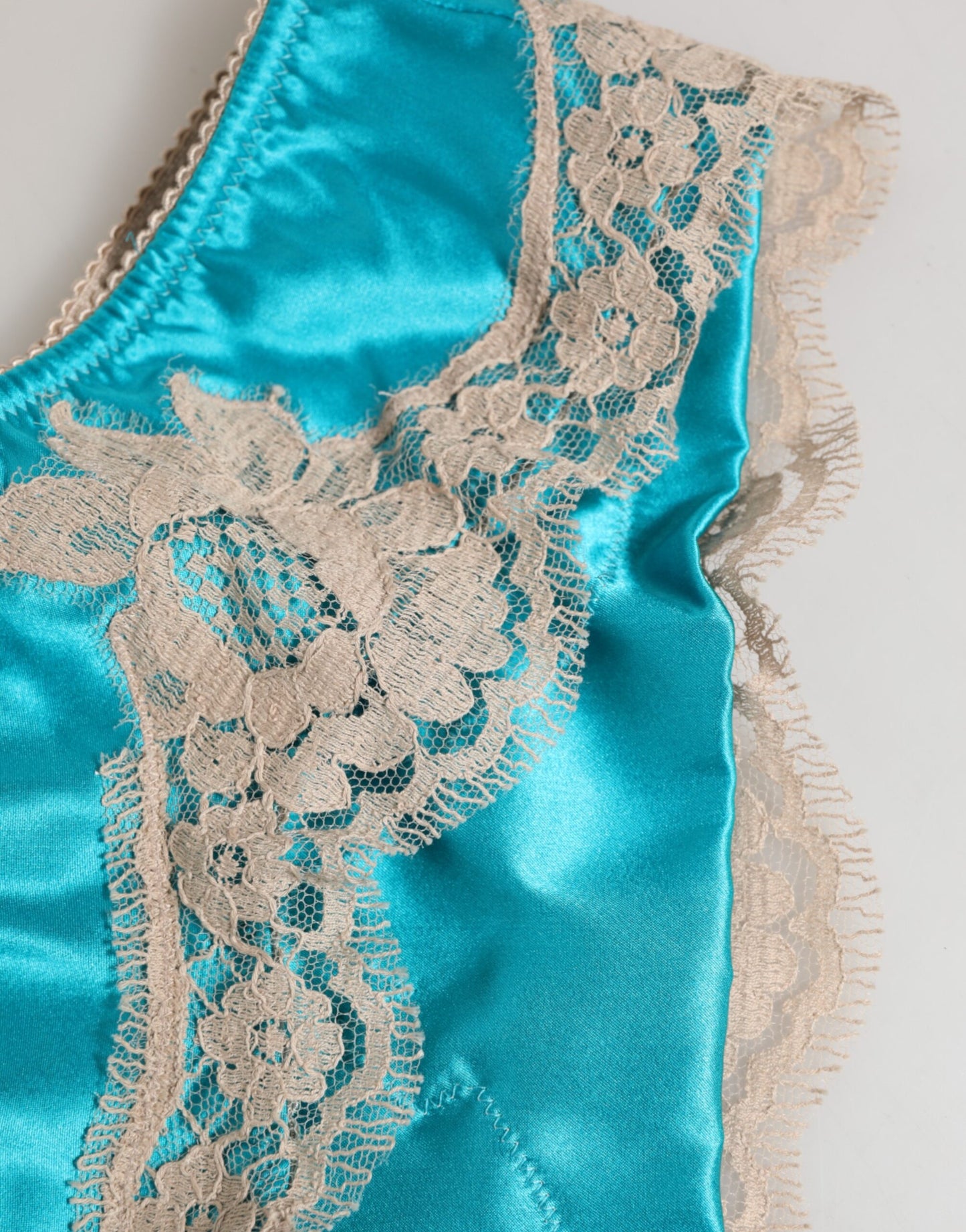 Dolce & Gabbana Blue Silk Satin Floral Lace Trim Slip Underwear
