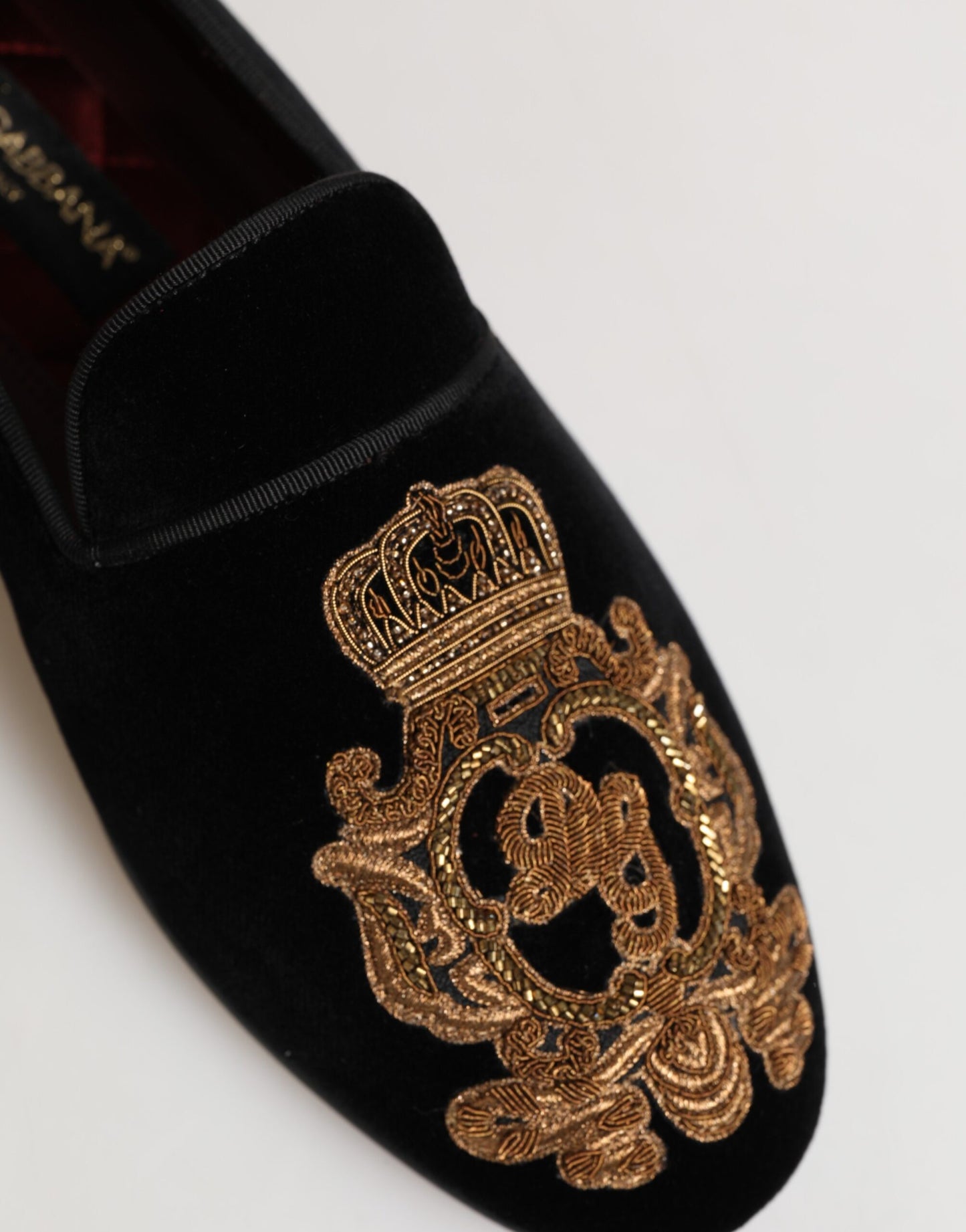 Dolce & Gabbana Black Velvet Gold Crown Mens Loafers