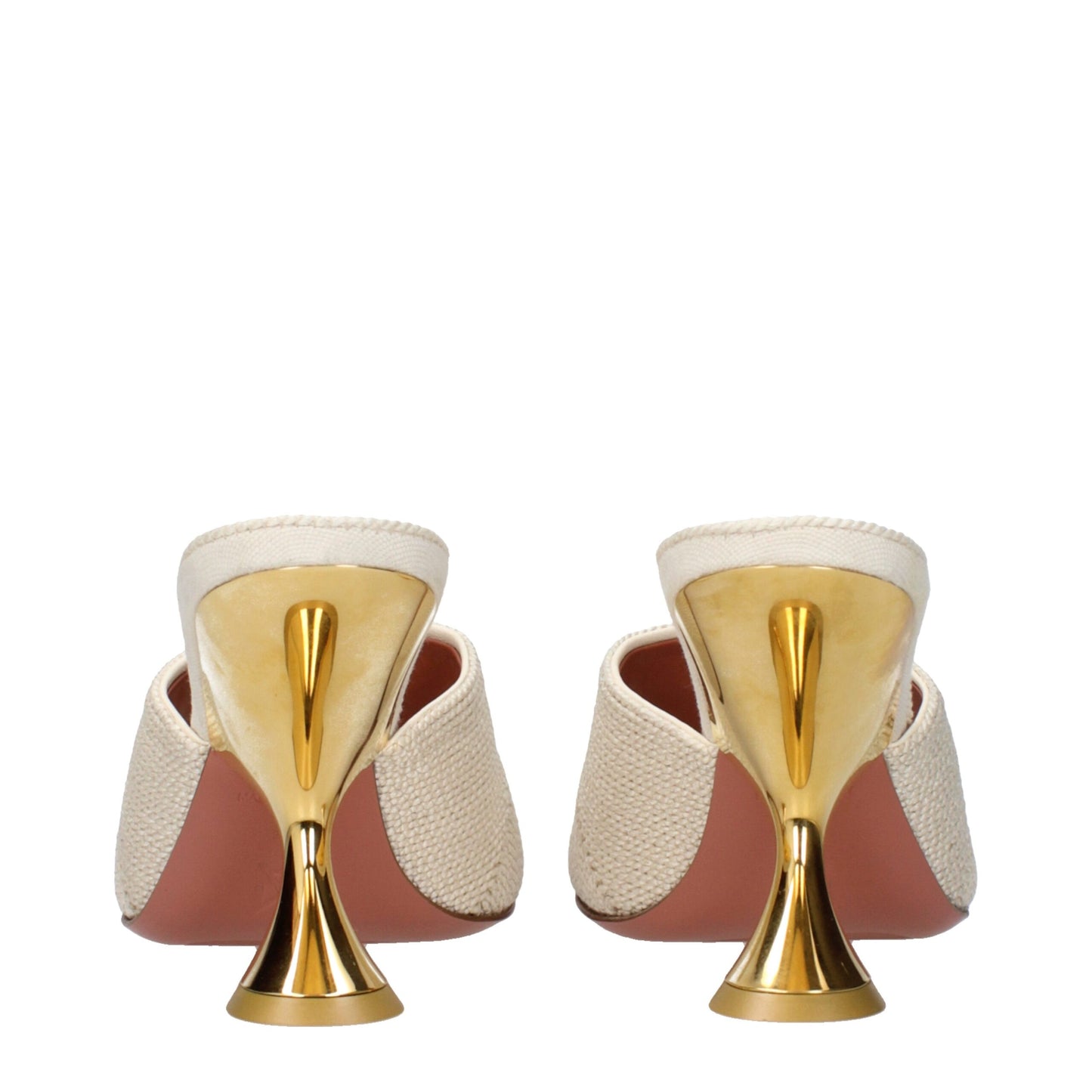 Amina Muaddi Beige Fabric Slip on Sandals with Gold Sculptural Heel