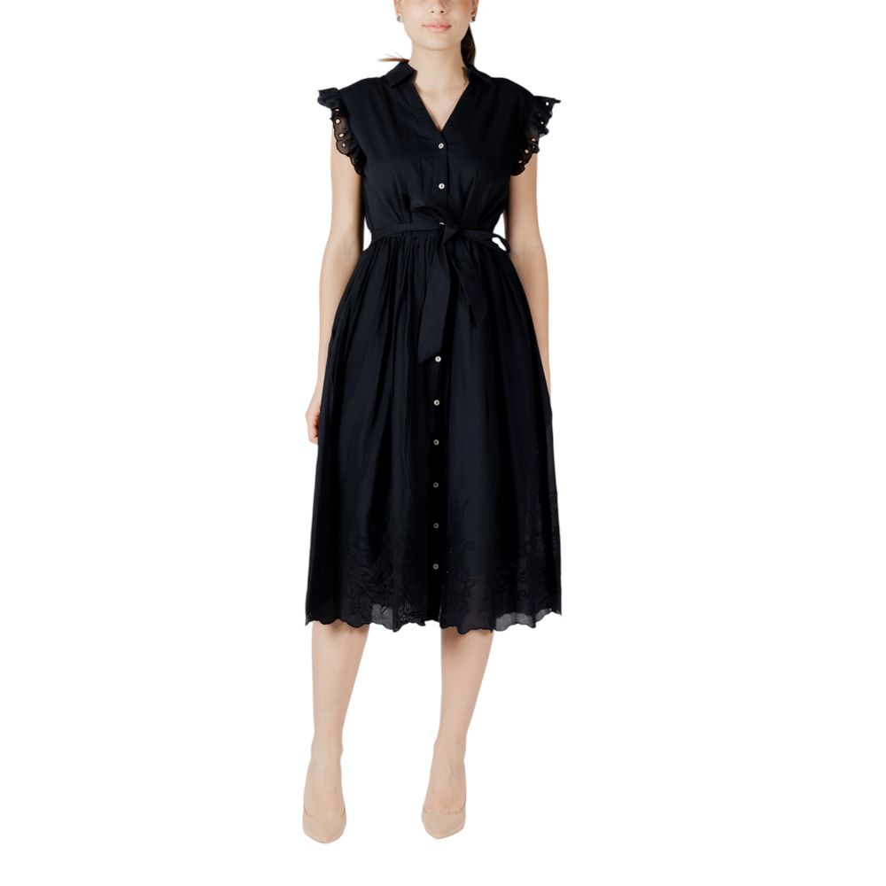 Vila Clothes Black Cotton Midi Dress - Vianglassi V-Neck S/L
