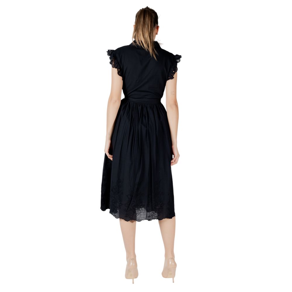 Vila Clothes Black Cotton Midi Dress - Vianglassi V-Neck S/L
