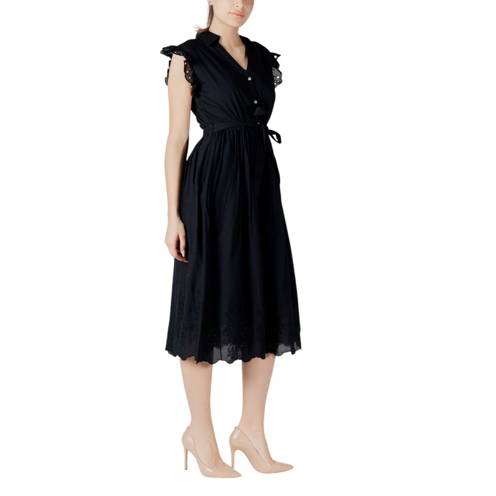 Vila Clothes Black Cotton Midi Dress - Vianglassi V-Neck S/L