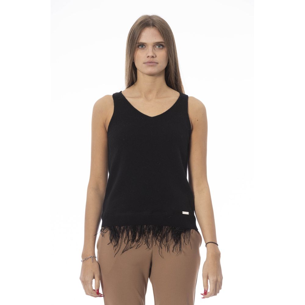 Baldinini Trend Black Wool Tank Top with Feathers