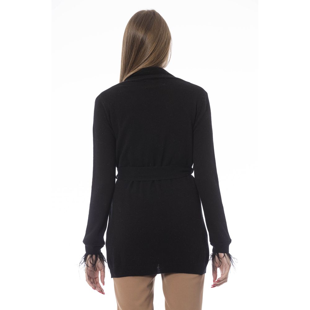 Baldinini Trend Black Wool Cardigan with Belt and Feathers