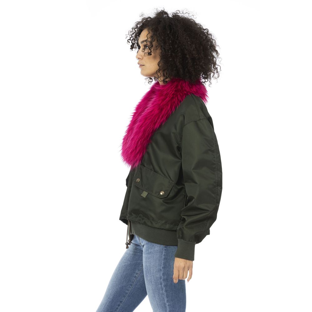 Mr&Mrs Italy Green Polyamide Short Bomber Jacket with Fur Hood