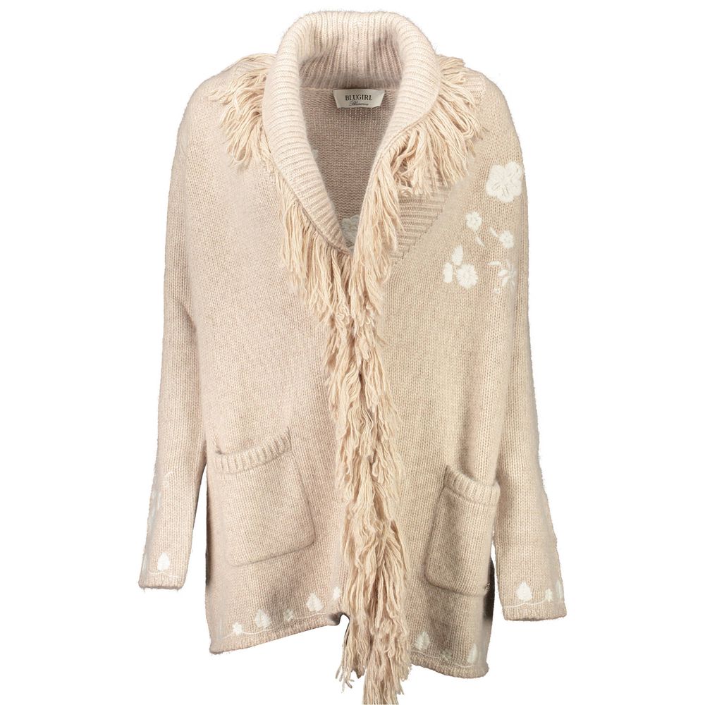 Blugirl Beige Wool Cardigan with Embroidery and Belt