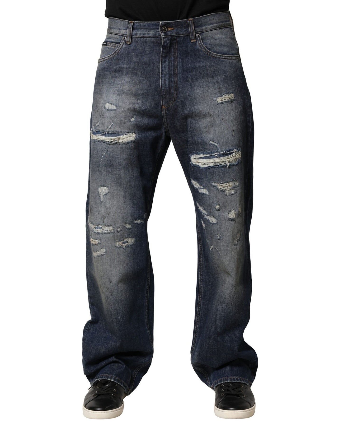 Dolce & Gabbana Blue Tattered Straight-Leg Denim Jeans