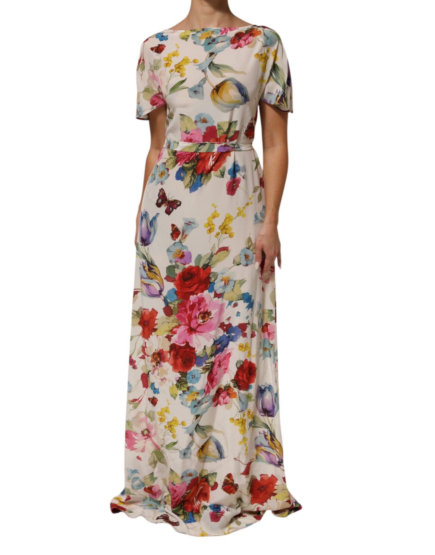 Dolce & Gabbana White Floral Print Silk Sheath Long Gown Dress