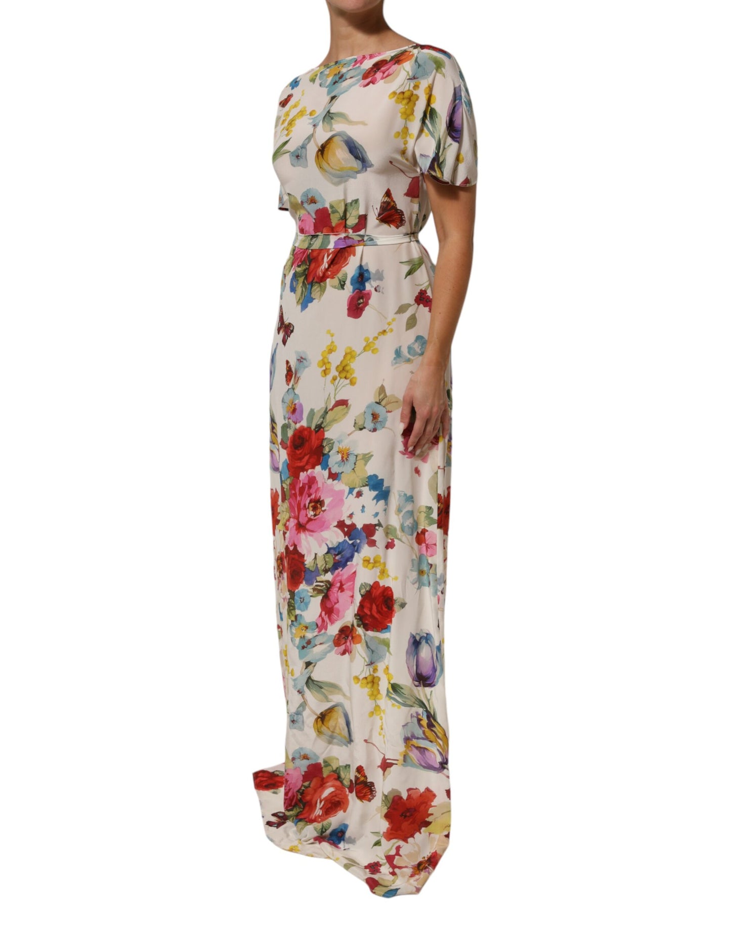 Dolce & Gabbana White Floral Print Silk Sheath Long Gown Dress
