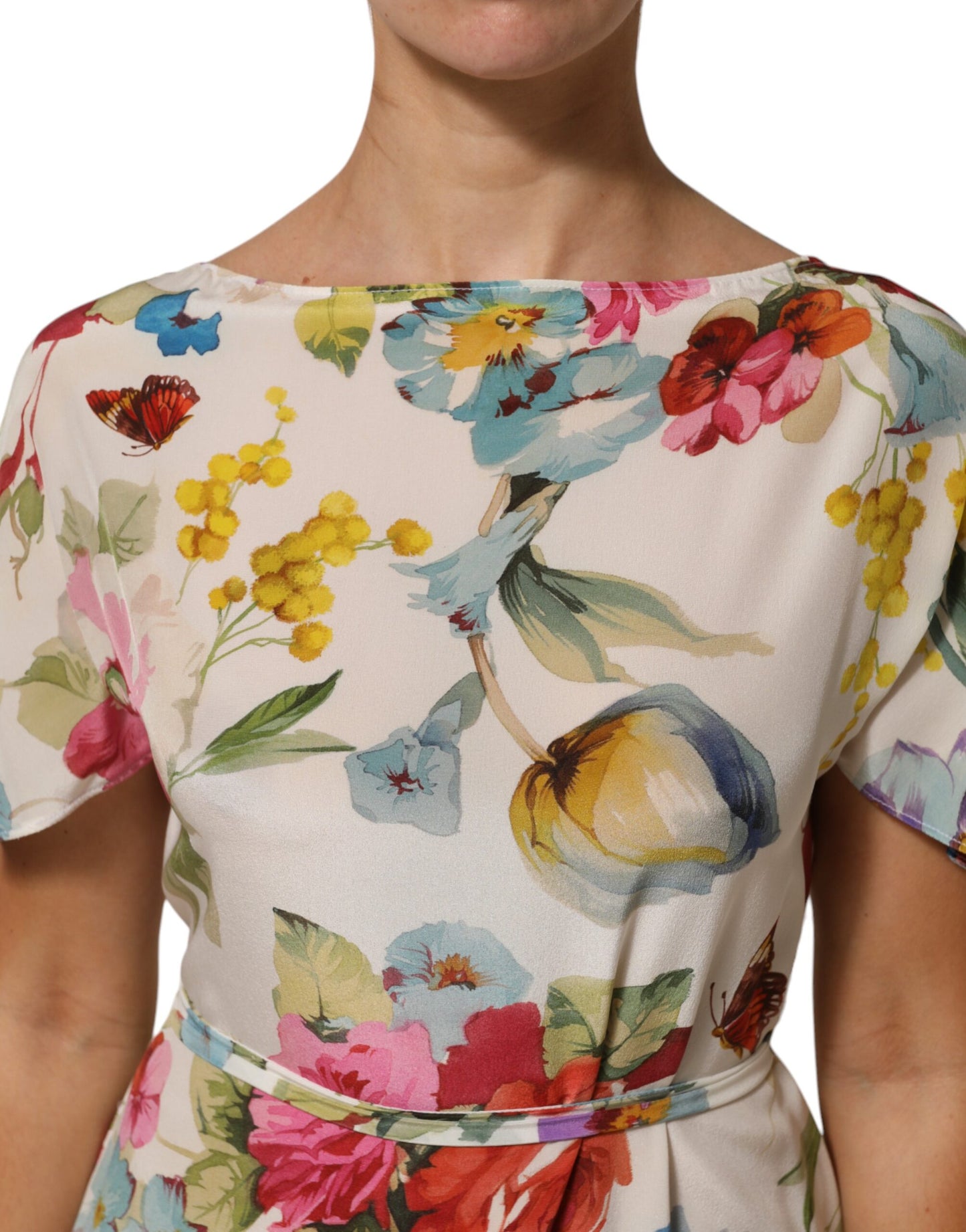 Dolce & Gabbana White Floral Print Silk Sheath Long Gown Dress