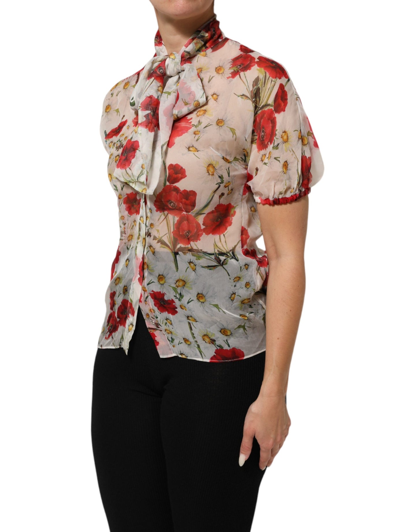 Dolce & Gabbana White Floral Tie-Neck Poppy Print Blouse