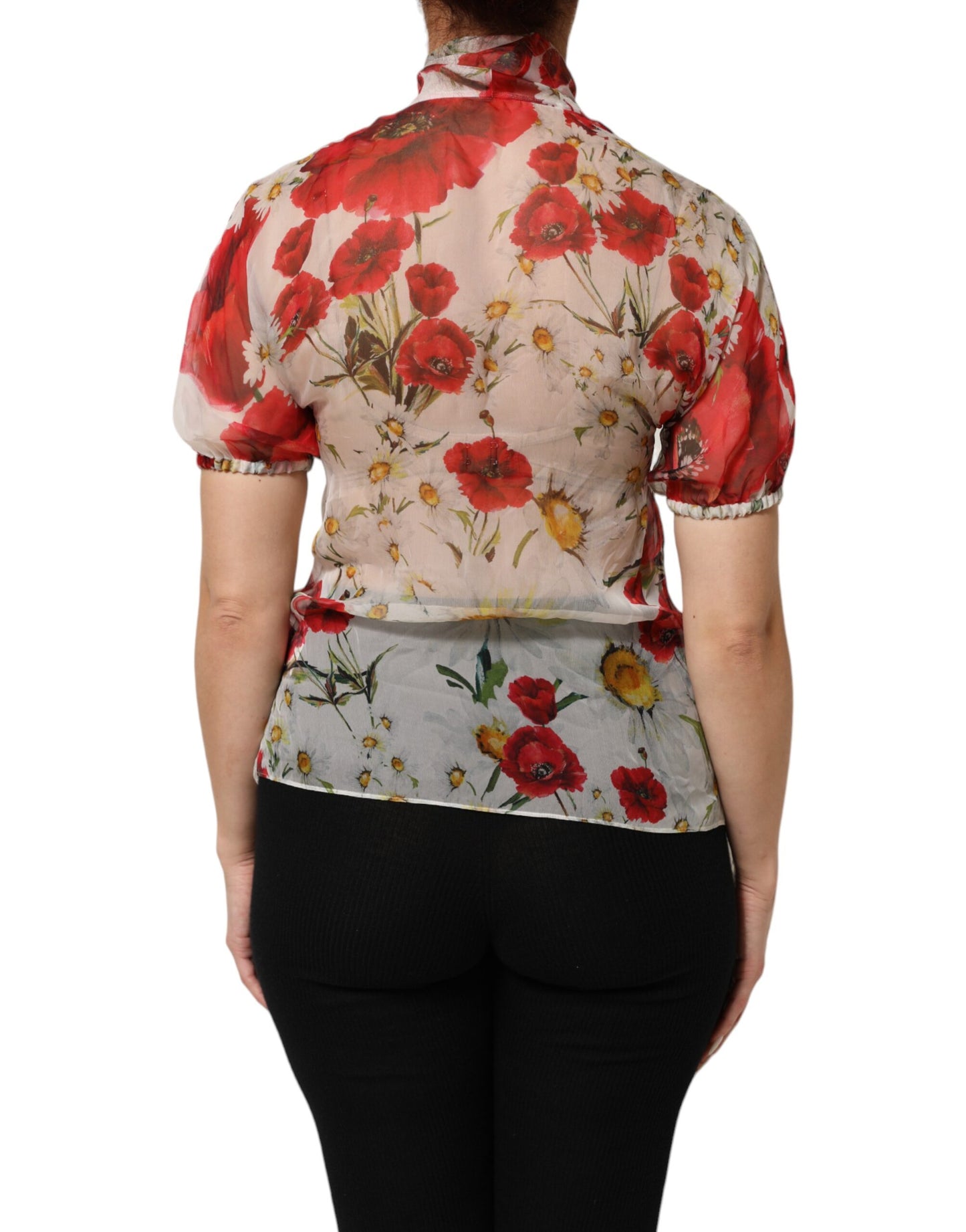 Dolce & Gabbana White Floral Tie-Neck Poppy Print Blouse