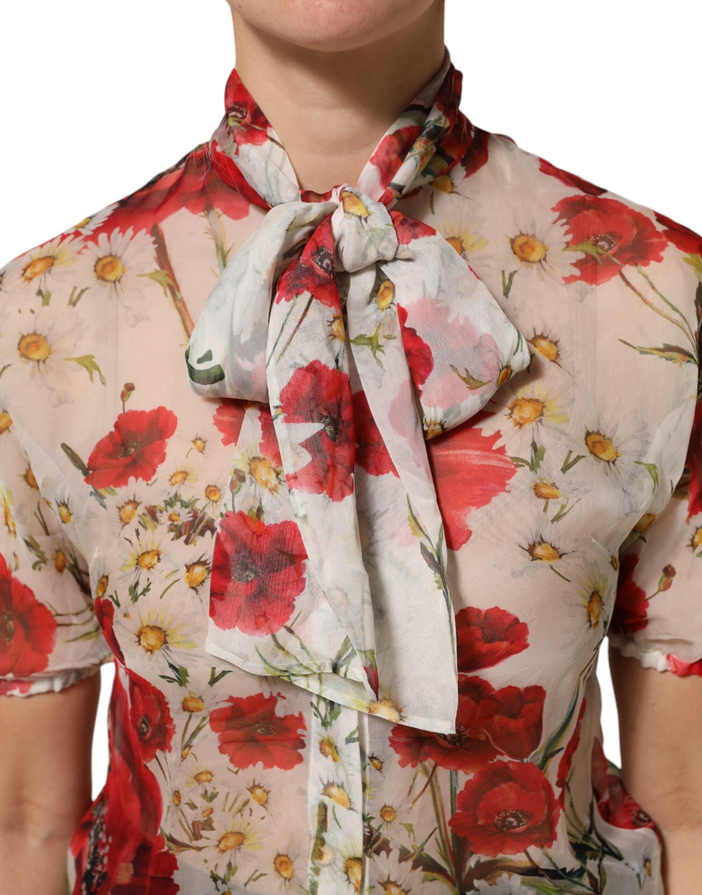 Dolce & Gabbana White Floral Tie-Neck Poppy Print Blouse