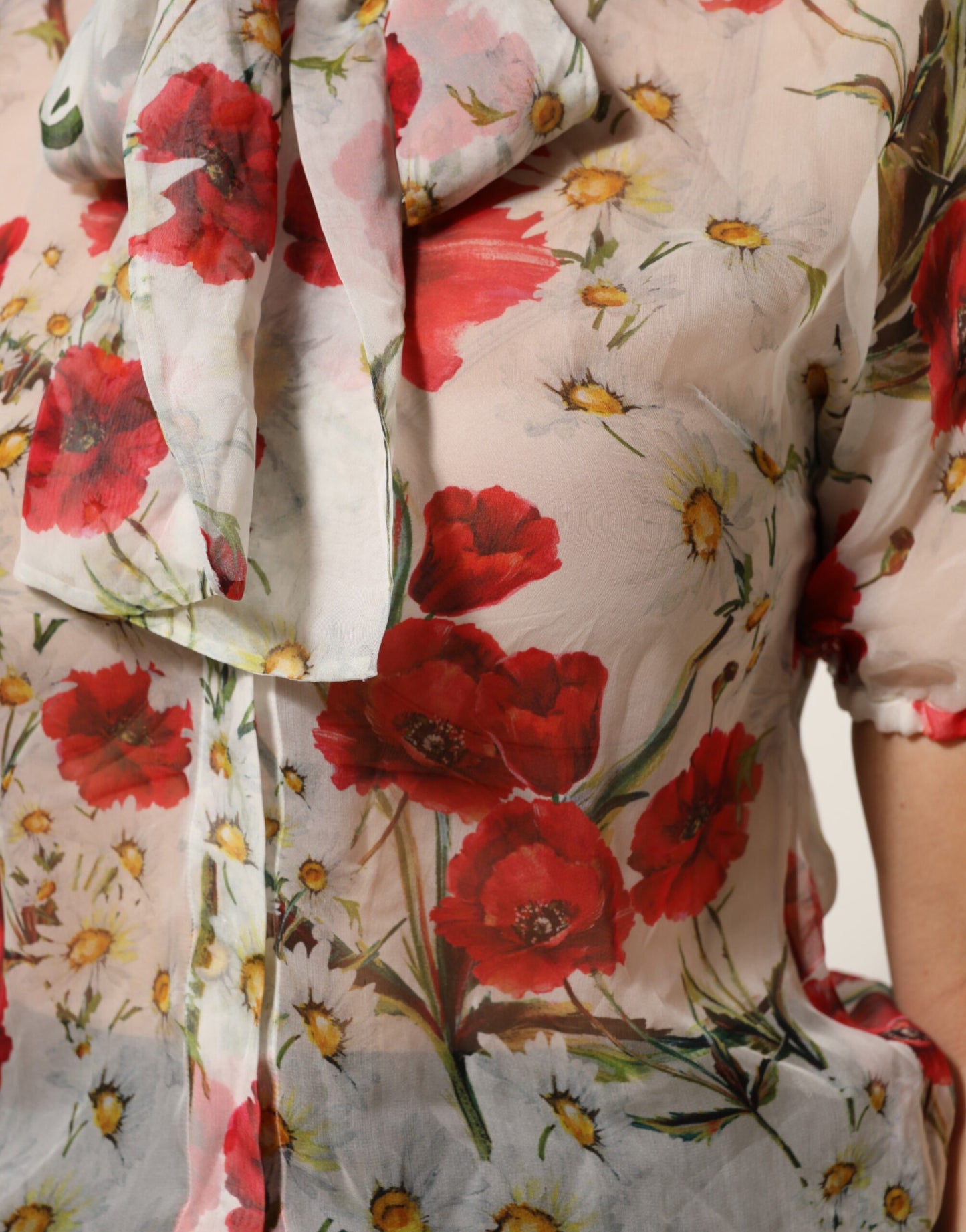 Dolce & Gabbana White Floral Tie-Neck Poppy Print Blouse