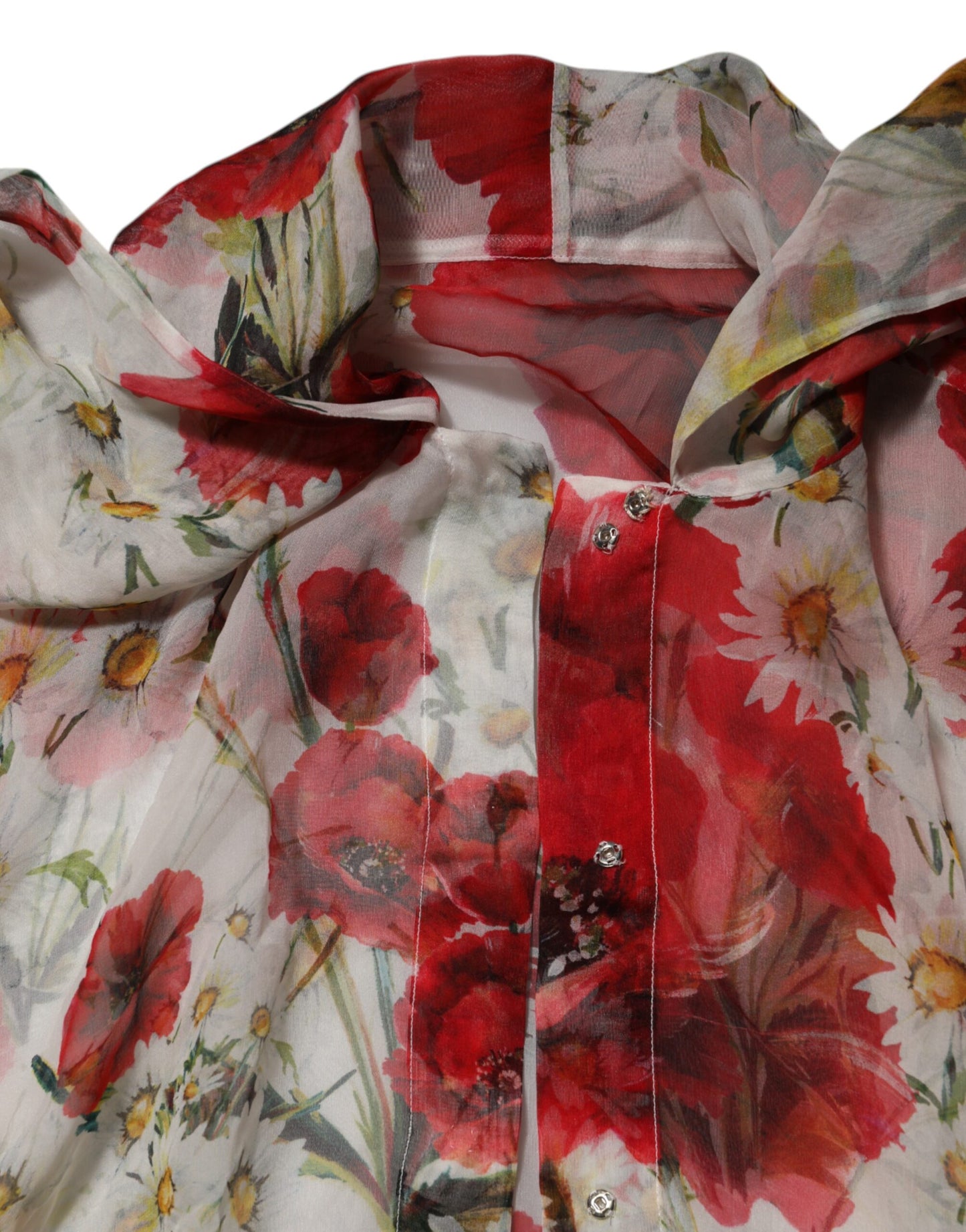 Dolce & Gabbana White Floral Tie-Neck Poppy Print Blouse