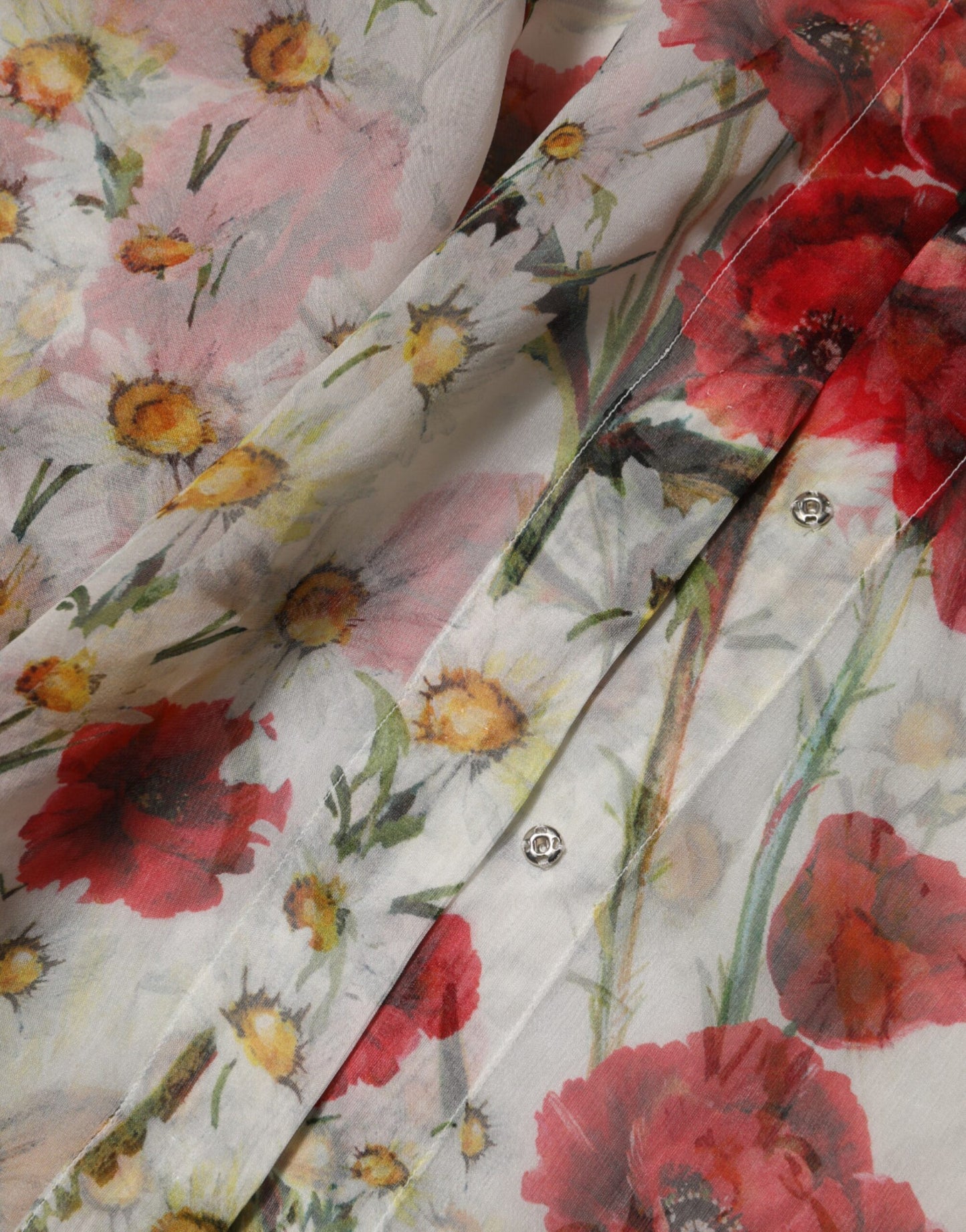 Dolce & Gabbana White Floral Tie-Neck Poppy Print Blouse