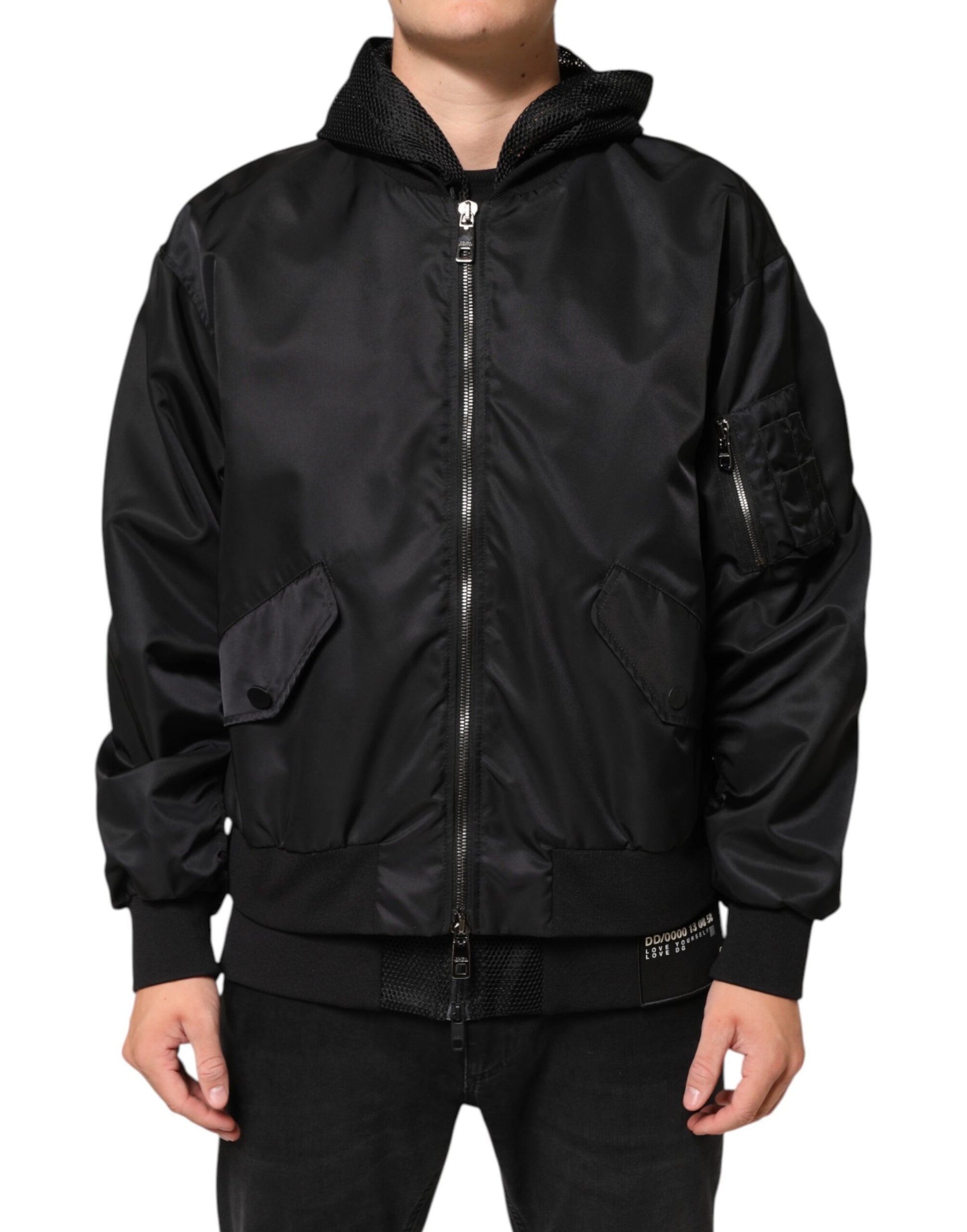 Dolce & Gabbana Black Nylon Hooded Full Zip Bomber Jacket for Men