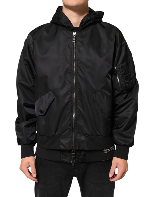 Dolce & Gabbana Black Nylon Hooded Full Zip Bomber Jacket for Men