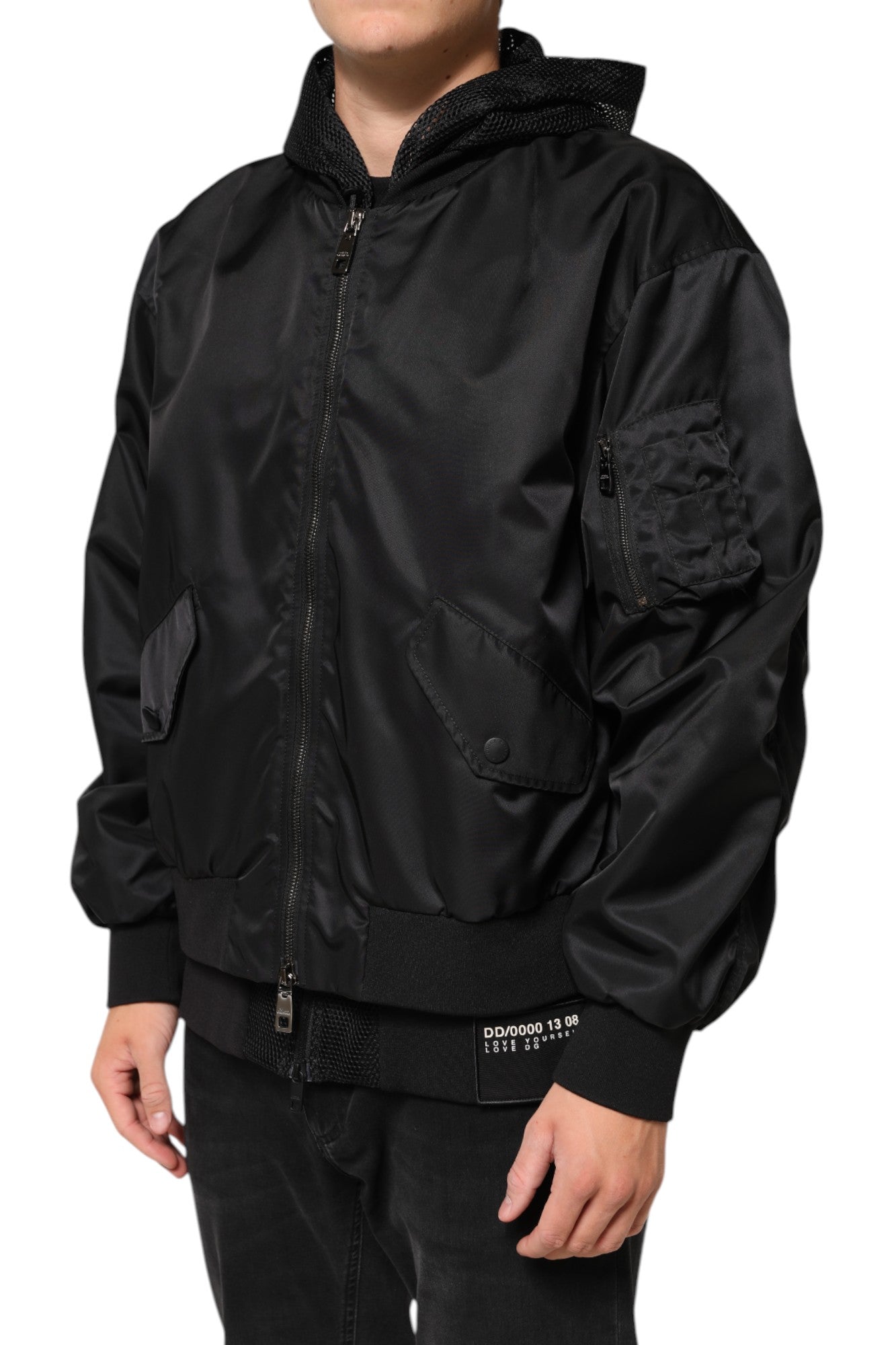 Dolce & Gabbana Black Nylon Hooded Full Zip Bomber Jacket for Men