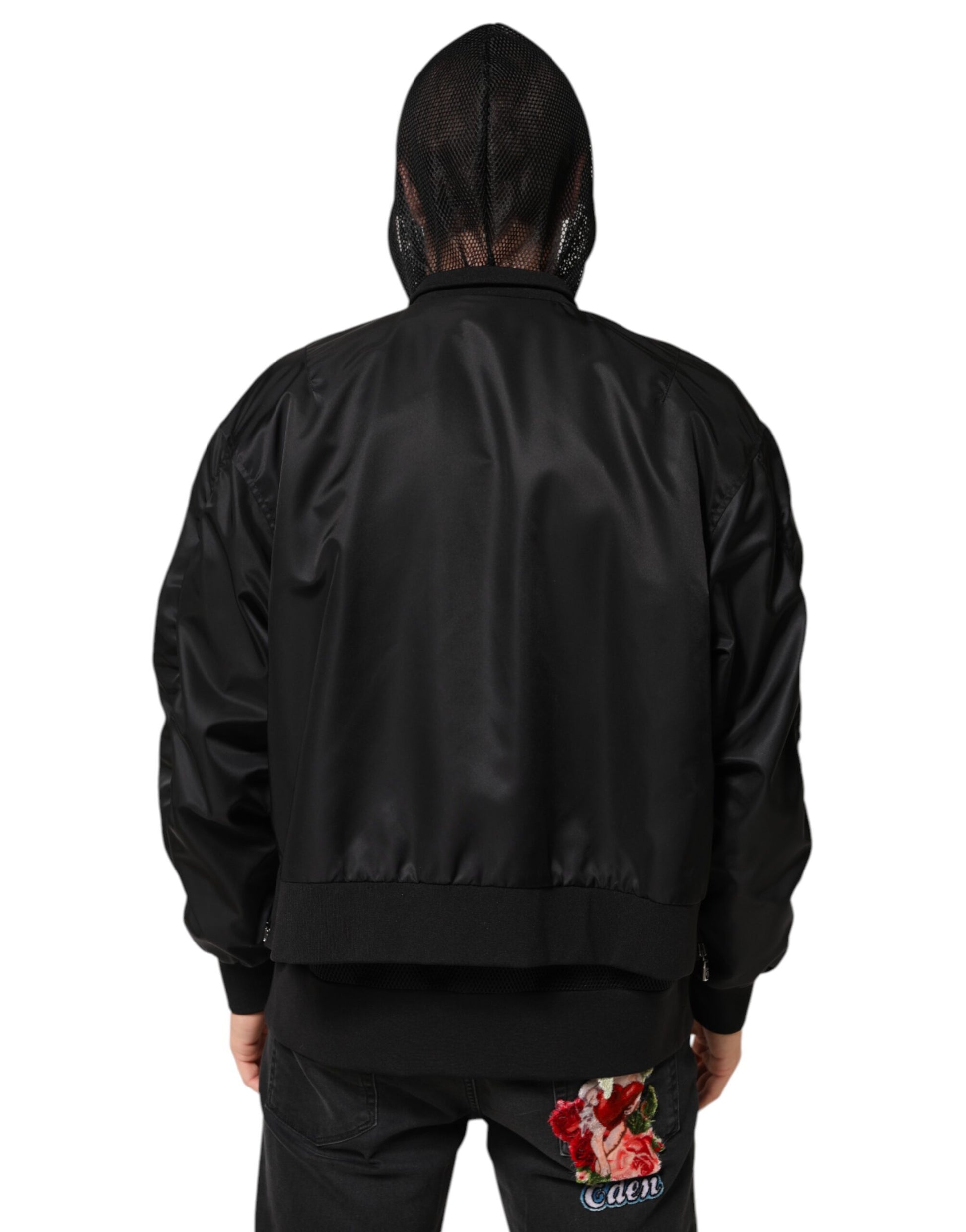 Dolce & Gabbana Black Nylon Hooded Full Zip Bomber Jacket for Men