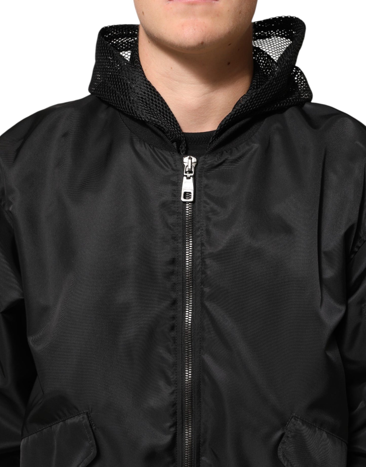 Dolce & Gabbana Black Nylon Hooded Full Zip Bomber Jacket for Men