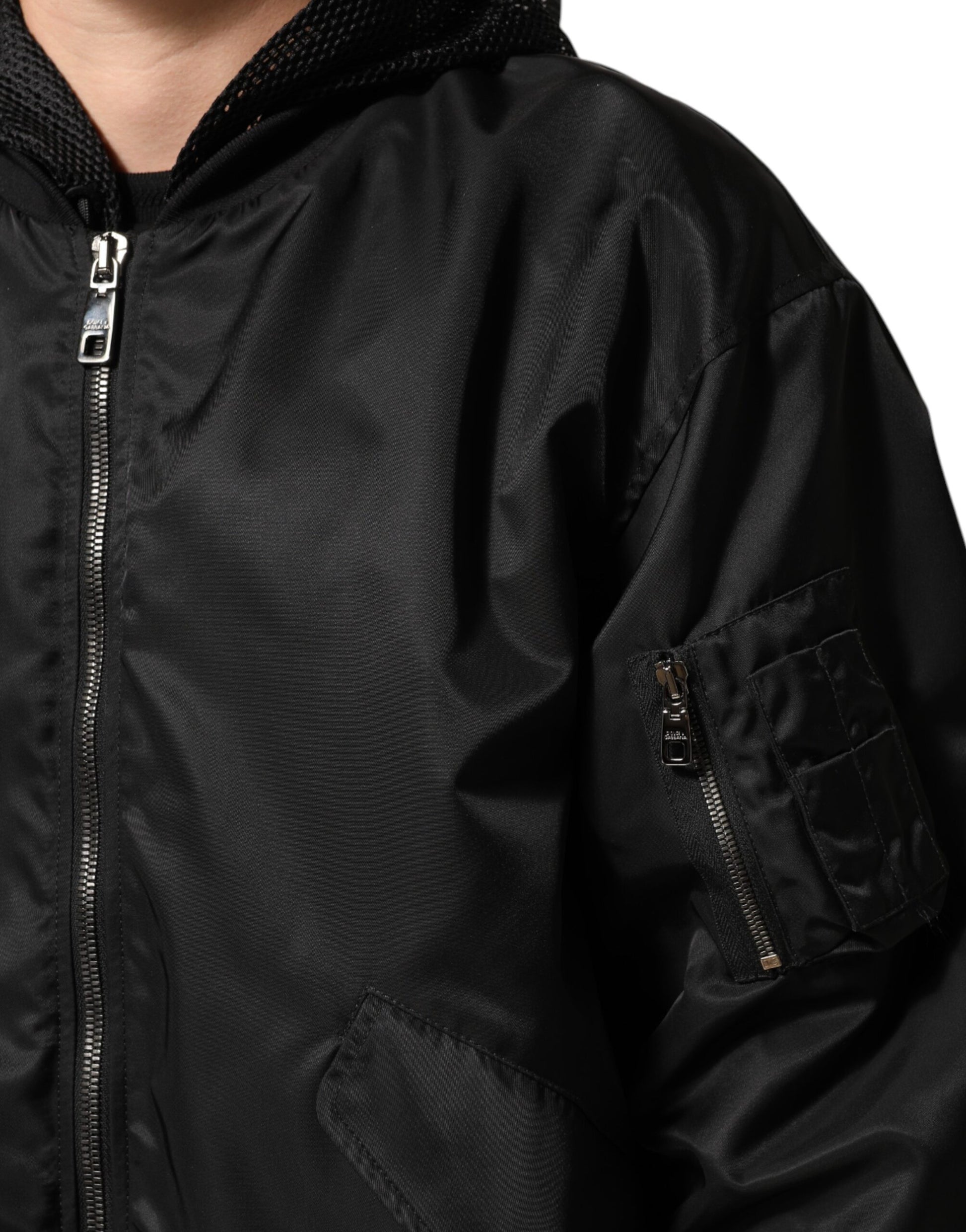 Dolce & Gabbana Black Nylon Hooded Full Zip Bomber Jacket for Men