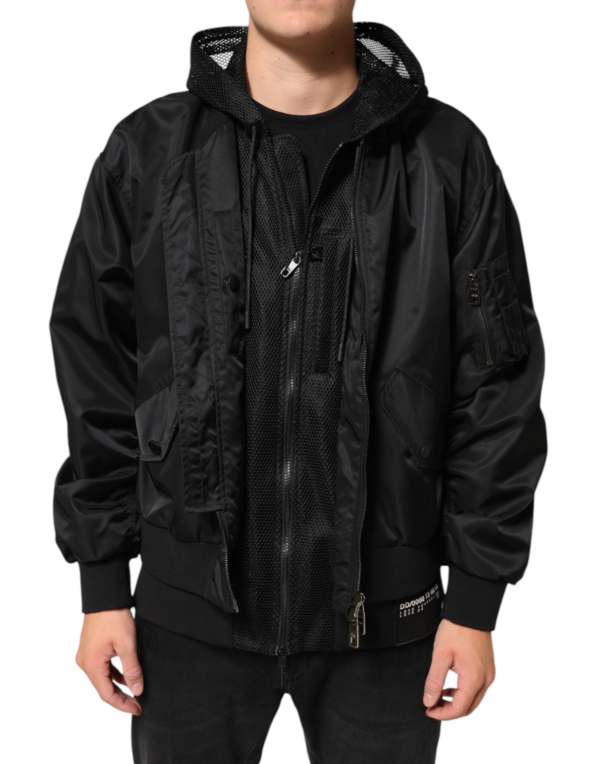 Dolce & Gabbana Black Nylon Hooded Full Zip Bomber Jacket for Men