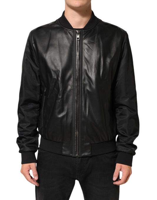 Dolce & Gabbana Black Leather Nylon Full-Zip Blouson Jacket
