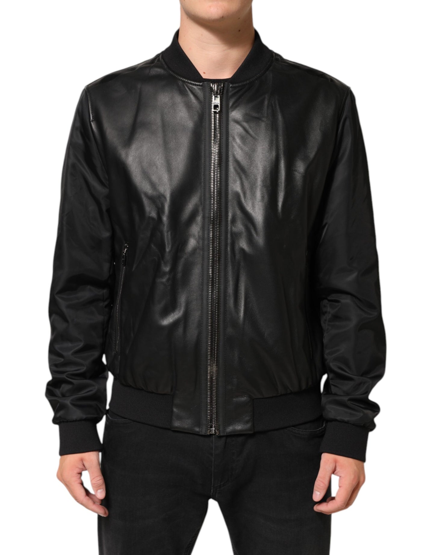Dolce & Gabbana Black Leather Nylon Full-Zip Blouson Jacket