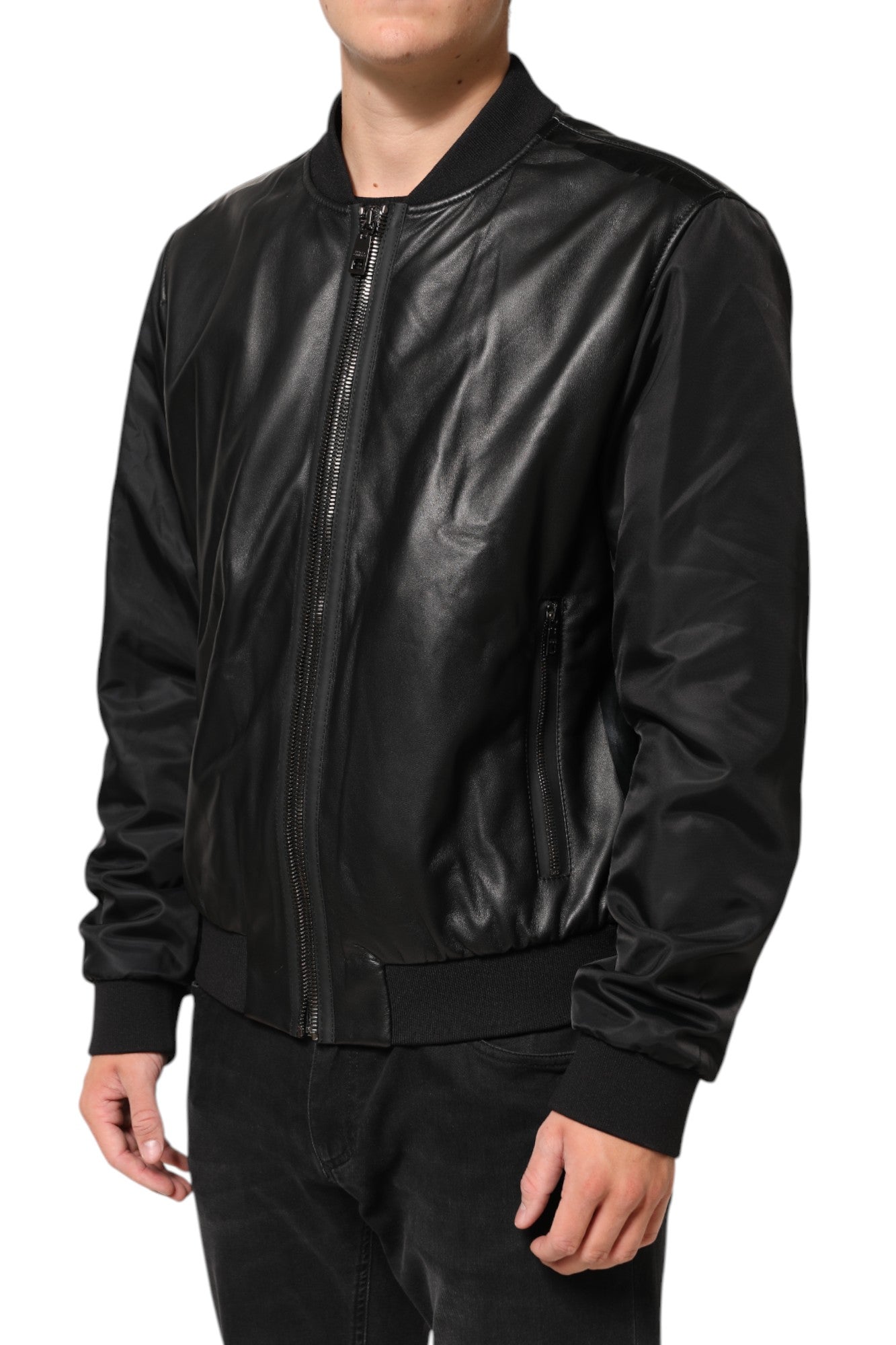 Dolce & Gabbana Black Leather Nylon Full-Zip Blouson Jacket