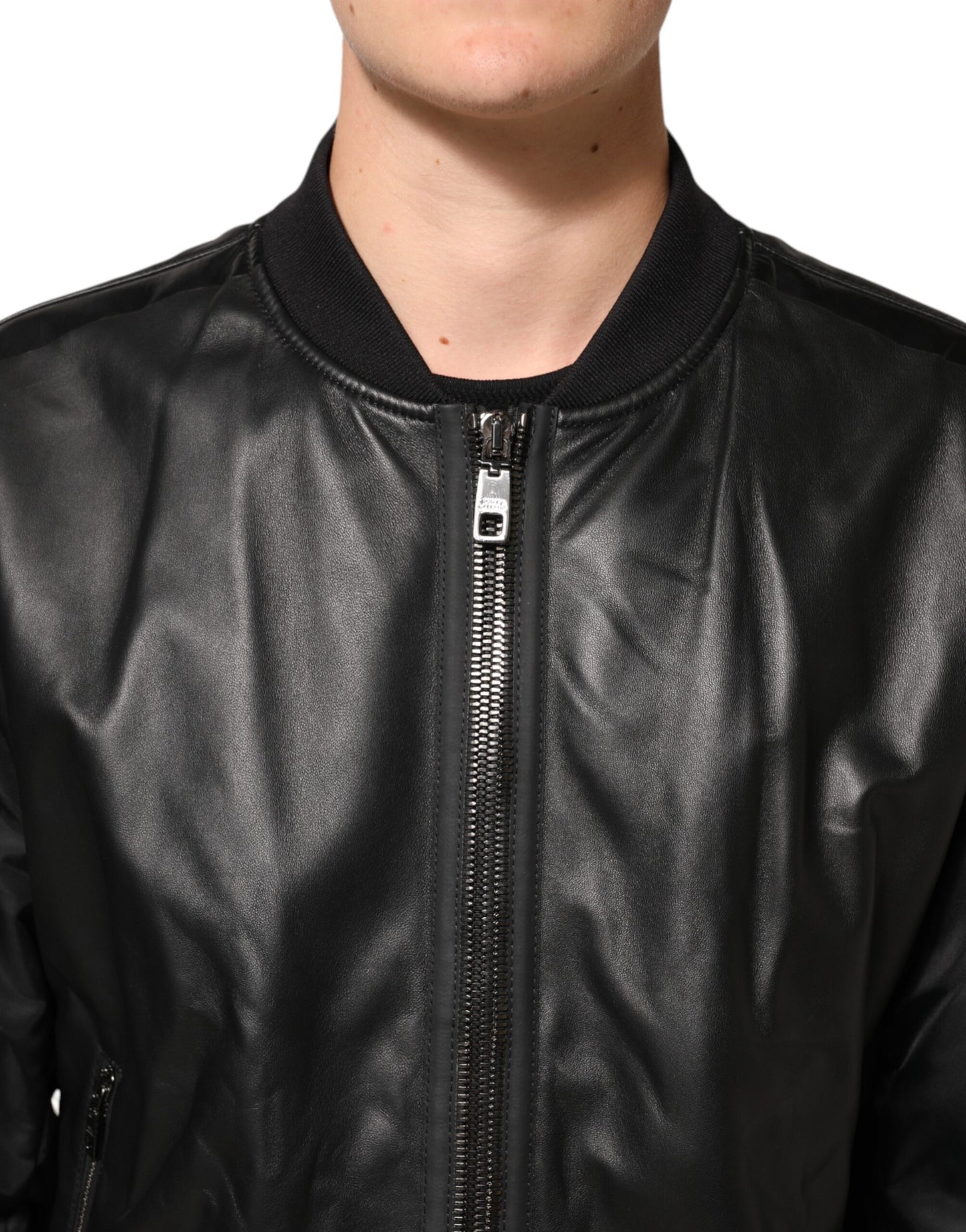 Dolce & Gabbana Black Leather Nylon Full-Zip Blouson Jacket