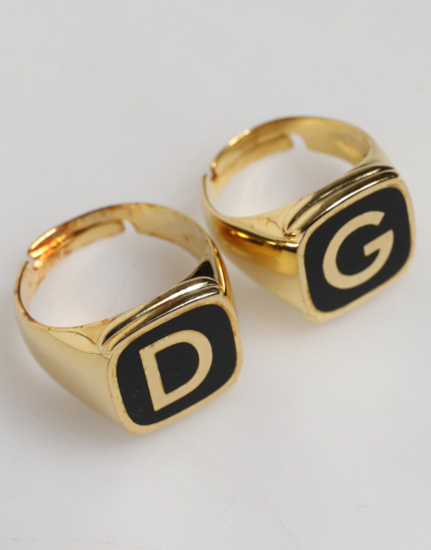 Dolce & Gabbana Gold-Tone Real Brass Black Enamel "DG" Adjustable Ring