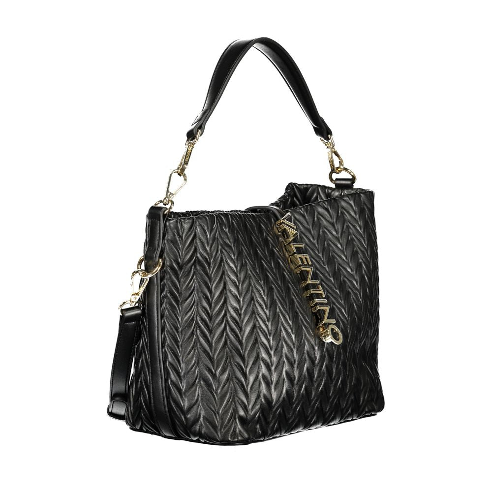 Mario Valentino Black Grained Leather Shoulder Bag with Gold Hardware