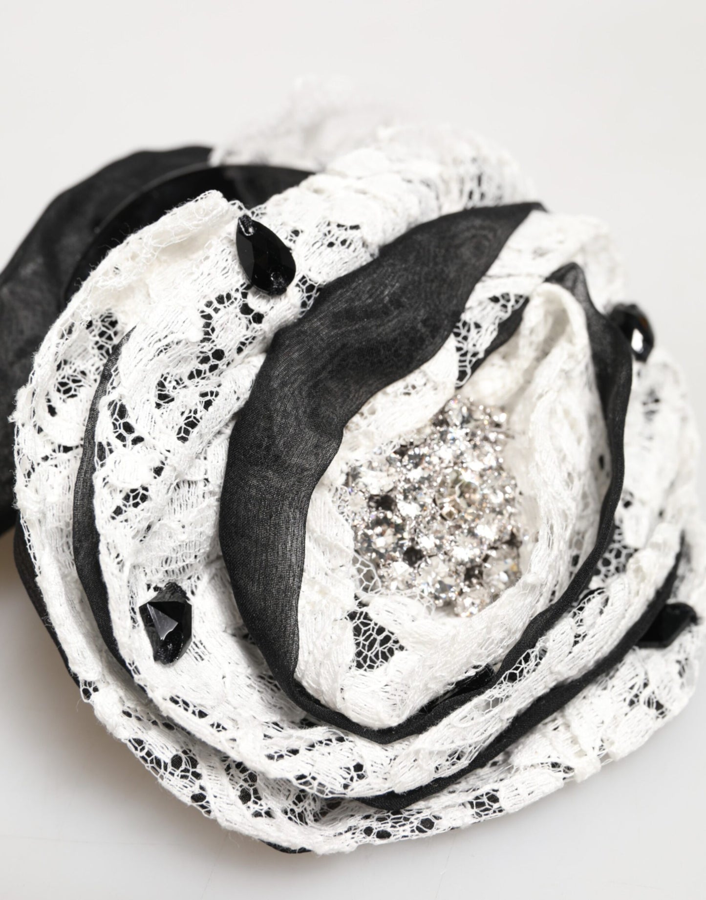 Dolce & Gabbana Black and White Silk Floral Lace Crystal Accessory Hair Claw